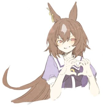 Rule 34 | 0725akaba, 1girl, :d, animal ears, bow, bowtie, brown hair, commentary request, cropped shoulders, ear ornament, grin, heart, heart hands, horse ears, horse girl, long hair, open mouth, puffy short sleeves, puffy sleeves, purple bow, purple bowtie, red eyes, short sleeves, simple background, sirius symboli (umamusume), smile, solo, two side up, umamusume, upper body, v-shaped eyebrows, very long hair, white background