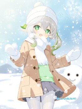 Rule 34 | 1girl, absurdres, beanie, black skirt, blush, brown coat, coat, commentary, day, genshin impact, green eyes, green shirt, hair between eyes, hair ornament, hat, highres, leaf hair ornament, long sleeves, looking at viewer, mittens, multicolored hair, nahida (genshin impact), nana5863390, open mouth, outdoors, pantyhose, pointy ears, pom pom (clothes), pom pom beanie, scarf, shirt, skirt, snow, snowing, snowman, solo, star-shaped pupils, star (symbol), symbol-shaped pupils, twitter username, white hair, white hat, white mittens, white pantyhose, white scarf
