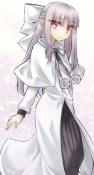 1girl black_skirt bow breasts capelet commentary_request dress hair_bow half_updo highres long_hair long_skirt long_sleeves looking_at_viewer parted_bangs pointy_ears red_eyes skirt small_breasts solo tsukihime white_bow white_capelet white_dress white_hair white_len_(tsukihime) yubeshi_(zecxl)