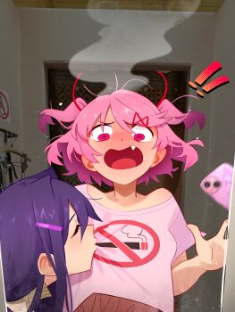 ! !! 2girls @_@ absurdres blush bob_cut breast_sucking breasts brown_sweater casual cellphone changing_room closed_eyes commentary constricted_pupils covered_erect_nipples doki_doki_literature_club dropping embarrassed english_commentary eyelashes fang floating_hair flustered furrowed_brow hair_behind_ear hair_intakes hair_ornament hair_ribbon hairclip halftone hand_up hangar highres indoors khyle. kuromi light_particles long_hair loose_hair_strand messy_hair motion_blur multiple_girls natsuki_(doki_doki_literature_club) no_smoking no_symbol noose nose_blush off-shoulder_shirt off_shoulder open_mouth phone pink_eyes pink_hair pink_shirt pink_skirt purple_hair pursed_lips red_ribbon ribbon sanrio shirt short_hair shouting sign single_bare_shoulder skirt small_breasts smartphone spread_fingers steam steaming_body surprised sweater swept_bangs turtleneck turtleneck_sweater two_side_up v-shaped_eyebrows wide-eyed x_hair_ornament yuri yuri_(doki_doki_literature_club)