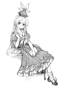 Rule 34 | 1girl, 80isiiii, absurdres, book, chinese commentary, collarbone, commentary request, dress, full body, greyscale, hat, highres, holding, kamishirasawa keine, long hair, looking at viewer, monochrome, neckerchief, open mouth, petticoat, shoes, short sleeves, simple background, smile, socks, solo, tokin hat, touhou, white background