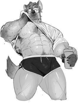 1boy abs absurdres animal_ears artist_request bara bare_pectorals bulge commission cropped_legs dolphin_shorts fox_boy fox_ears fox_tail furry furry_male greyscale hairy highres large_pectorals male_focus mature_male monochrome muscular muscular_legs muscular_male navel navel_hair nipples original pectorals second-party_source short_hair shorts solo standing stomach strongman_waist tail thick_arm_hair thick_chest_hair thick_eyebrows thick_navel_hair thighs wiping_sweat