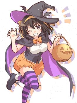 1girl black_cape black_corset black_hat black_shoes blush bow bowtie breasts brown_hair bucket cape commentary corset duplicate english_commentary grin hairband halloween_bucket halloween_costume hand_up happy_halloween hat highres holding holding_bucket looking_at_viewer medium_breasts medium_hair one_eye_closed orange_bow orange_bowtie orange_shorts pink_thighhighs purple_thighhighs ribbon shoes shorts smile solo standing standing_on_one_leg suzumiya_haruhi suzumiya_haruhi_no_yuuutsu taiki_(6240taiki) thighhighs two-tone_thighhighs witch_hat yellow_hairband yellow_ribbon