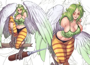 1girl absurdres bare_shoulders bird_legs bird_tail blush breasts clothes_writing coke-bottle_glasses commentary crop_top english_commentary eyewear_on_head feather_coat feathered_wings feathers glasses gradient_wings green_feathers green_hair green_tank_top green_wings harpy highres holding holding_with_feet ice_pick insouwu large_breasts long_hair looking_at_viewer midriff monet_(one_piece) monster_girl multicolored_wings multiple_views navel nipple_slip nipples one_piece open_mouth oversized_object pantyhose round_eyewear striped_clothes striped_leggings striped_pantyhose tail talons tank_top teeth upper_teeth_only white_feathers white_wings winged_arms wings yellow_eyes
