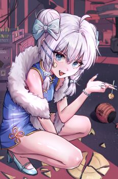 Rule 34 | 1girl, ahoge, bandage on face, bandages, bandaid, bandaid on cheek, bandaid on face, bare shoulders, bead bracelet, beads, blue bow, blue dress, blue eyes, blue nails, blue shoes, bow, bracelet, breasts, candy, china dress, chinese clothes, commentary, double bun, dress, fang, feather boa, food, full body, gosegu, grey hair, hair between eyes, hair bow, hair bun, hair ornament, hairclip, high heels, highres, holding, holding candy, holding food, holding lollipop, jewelry, korean commentary, lollipop, looking at viewer, nail polish, open mouth, shoes, sleeveless, sleeveless dress, smile, solo, squatting, sukjunamul74, virtual youtuber, waktaverse, white hair