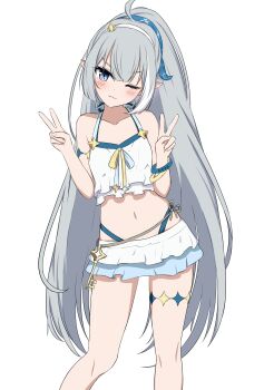 1girl bare_shoulders bikini blush closed_mouth collarbone commentary_request double_v feet_out_of_frame female_tyrant_(stella_sora) grey_eyes grey_hair hair_between_eyes hands_up head_tilt highres long_hair natsuginji navel one_eye_closed ponytail simple_background solo standing stella_sora swimsuit tyrant_(stella_sora) v v-shaped_eyebrows very_long_hair white_background white_bikini