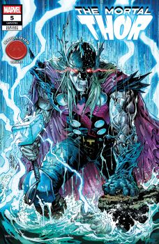 1boy absurdres blonde_hair blue_pants cape character_name clenched_teeth comic_cover company_name copyright_logo copyright_name cover cover_page dark_persona english_text eye_trail glowing glowing_eyes grey_helmet hammer helmet highres holding holding_hammer holding_weapon light_trail lightning logo looking_at_viewer male_focus marvel mjolnir_(marvel) muscular muscular_male nethodiazz official_alternate_costume official_art pants rain red_cape red_eyes solo spiked_belt spiked_helmet superhero_costume teeth thor_(marvel) thor_(marvel)_(series) water wax_seal weapon western_comics_(style) winged_helmet