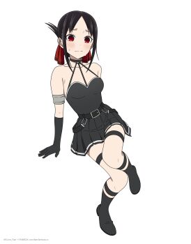 1girl black_boots black_dress black_gloves black_hair boots breasts closed_mouth coro_fae cosplay dress folded_ponytail gloves highres kaguya-sama_wa_kokurasetai_~tensai-tachi_no_renai_zunousen~ light_blush medium_breasts red_eyes red_ribbon ribbon shinomiya_kaguya simple_background solo sousou_no_frieren ubel_(sousou_no_frieren) ubel_(sousou_no_frieren)_(cosplay) white_background