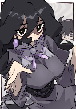 1girl @_@ absurdres bags_under_eyes black_corset commentary_request corset dress earrings ghost_pose hair_between_eyes hex_maniac_(pokemon) hex_maniac_(pokemon_legends:_z-a) hex_maniac_(pokemon_xy) highres jewelry juliet_sleeves large_earrings long_hair long_sleeves looking_at_viewer nintendo open_mouth pokemon pokemon_legends:_z-a pokemon_xy puffy_sleeves purple_nails purple_ribbon ribbon solo sphere_earrings sweat yuateheng