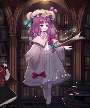 2girls aqua_bow black_skirt black_vest book bookshelf bow closed_mouth commentary_request crescent crescent_hat_ornament demon_wings dress expressionless floating floating_book floating_object full_body hair_bow hat hat_ornament head_wings highres koakuma library long_hair long_sleeves mob_cap multiple_girls open_book patchouli_knowledge pink_bow pink_dress pink_socks purple_eyes purple_hair red_hair shirt skirt skirt_set socks solo_focus touhou vest voile white_shirt wings yujup