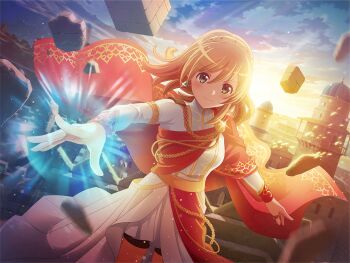 1girl brown_hair building cape closed_mouth cosplay daiba_nana debris dress dutch_angle earrings floating_hair game_cg green_eyes hair_down headpiece jewelry long_sleeves looking_at_viewer morning official_art red_cape red_sash ring sash short_hair shoujo_kageki_revue_starlight shoujo_kageki_revue_starlight_-re_live- smile solo standing sun white_dress