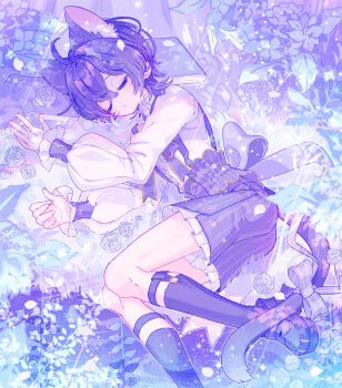 1boy animal_ears cat_boy cat_ears cat_tail closed_eyes flower legwear_garter long_sleeves lying male_focus on_side original purple_hair purple_theme rain rose shirt short_hair shorts sleeping socks solo tail zippo_(3756c)