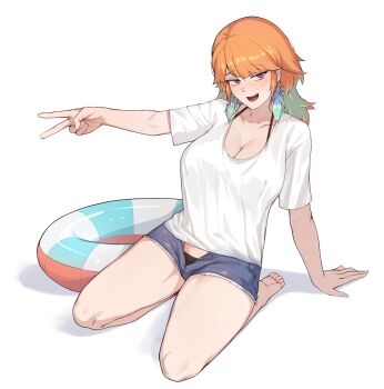 1girl :d absurdres bikini bikini_under_clothes black_bikini blue_shorts breasts cleavage colored_inner_hair commentary denim denim_shorts feathers full_body gradient_hair green_feathers green_hair hair_flaps halterneck highres hololive hololive_english iver_(reviolet) large_breasts long_hair multicolored_hair open_fly open_mouth orange_hair outstretched_arm purple_eyes shirt short_shorts short_sleeves shorts simple_background sitting smile solo swim_ring swimsuit t-shirt takanashi_kiara v virtual_youtuber white_background white_shirt