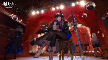 1boy 2girls animal_ears arknights black_cape black_coat black_gloves black_hair black_pantyhose black_vest blue_gloves blue_hair blue_necktie blue_shorts boots cape chinese_commentary coat commentary_request company_name copyright_name copyright_notice crossed_legs facing_away fingerless_gloves fur-trimmed_coat fur_trim gloves grand_piano grey_hair head_rest high_heel_boots high_heels highres holding holding_sword holding_weapon instrument lappland_(arknights) long_hair multiple_girls necktie official_art pantyhose pantyhose_under_shorts piano shirt shorts sitting sword tail texas_(arknights) texas_the_omertosa_(arknights) vest vigil_(arknights) weapon white_boots white_shirt wolf_boy wolf_ears wolf_girl wolf_tail yellow_eyes yin2000