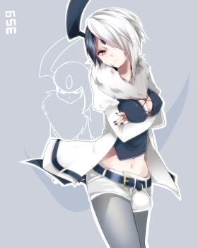 1girl absol belt black_hair breasts brown_eyes cleavage creature_and_personification crossed_arms facial_mark female_focus forehead_mark fur gen_3_pokemon hair_over_one_eye highres looking_at_viewer midriff multicolored_hair nail_polish navel nintendo pantyhose pantyhose_under_shorts personification pokedex_number pokemon short_hair shorts solo standing takeshima_eku two-tone_hair white_hair zinpati