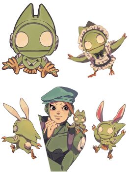 1boy absurdres alternate_costume animal_ears apron beret black_eyes blue_hat bodysuit commentary english_commentary enmaided fake_animal_ears green_bodysuit hat highres jojo_no_kimyou_na_bouken maid maid_apron maid_headdress multiple_views non-humanoid_robot rabbit_ears robot siniy smile stand_(jojo) tail the_jojolands the_matte_kudasai usagi_aloha&#039;oe white_apron white_background