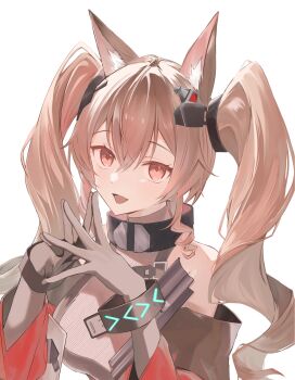 Rule 34 | 1girl, :d, alternate breast size (larger), angelina (arknights), animal ear fluff, animal ears, arknights, arknights: endfield, black gloves, bracelet, breasts, brown hair, coat, commentary request, diamond-shaped pupils, diamond (shape), dot nose, double-parted bangs, dress, drill hair, drill sidelocks, elbow gloves, fox ears, fox girl, gilberta (arknights), gloves, grey dress, hair between eyes, headgear, high collar, highres, impossible clothes, impossible dress, infection monitor (arknights), jewelry, large breasts, long hair, looking at viewer, off shoulder, open clothes, open coat, open mouth, raised eyebrows, red coat, red eyes, shirakawa420, sidelocks, simple background, sleeveless, sleeveless dress, smile, solo, steepled fingers, symbol-shaped pupils, twintails, upper body, white background