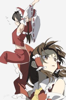 1girl absurdres armpits ascot bare_shoulders bow brown_eyes brown_hair chest_sarashi detached_sleeves from_side grey_background hair_tubes hakurei_reimu highres long_hair parted_lips red_bow red_shirt red_skirt sarashi shirt skirt sleeveless sleeveless_shirt stretching touhou uehara_suiyo variations yellow_ascot