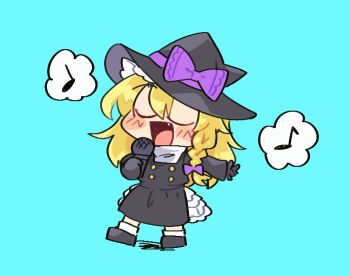 1girl black_coat black_gloves black_hat black_shoes blonde_hair blue_background blush bow braid buttons chibi chibi_only closed_eyes coat cookie_(touhou) fang full_body gloves hair_bow hat holding holding_microphone kakuyo_kun kirisame_marisa long_hair microphone music musical_note open_mouth petticoat purple_bow rei_(cookie) shoes side_braid simple_background singing single_braid smile solo spoken_musical_note touhou witch_hat