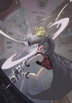 Rule 34 | absurdres, black coat, blonde hair, boots, breasts, buttons, coat, commentary request, fighting stance, full body, furrowed brow, green eyes, green necktie, highres, holding, holding scythe, long coat, long hair, maka albarn, medium breasts, necktie, plaid clothes, plaid skirt, red skirt, satisfy027, school uniform, scythe, skirt, soul eater, twintails, white wrist cuffs, wrist cuffs