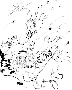 1girl absurdres backpack bag boots bubble commentary_request fish hair_bobbles hair_ornament highres jitome kawashiro_nitori key looking_at_viewer lying monochrome on_back simple_background solo sukunashi_negi touhou twintails two_side_up underwater