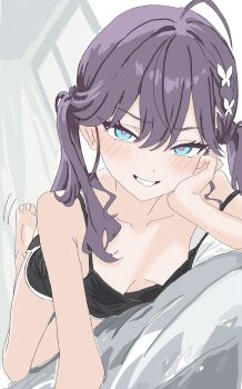 Rule 34 | 1girl, ahoge, bare arms, bare legs, barefoot, bed, black camisole, black shorts, blue eyes, blush, braid, breasts, breasts apart, butterfly hair ornament, camisole, collarbone, commentary request, dolphin shorts, dot nose, elbow rest, gakuen idolmaster, grin, hair between eyes, hair ornament, hand on own cheek, hand on own face, head on hand, head rest, highres, idolmaster, indoors, kamitosayu, kaya rinha, long hair, looking at viewer, lying, no bra, on bed, on stomach, pink pupils, purple hair, shorts, sidelocks, single bare shoulder, small breasts, smile, solo, spaghetti strap, strap slip, the pose, tsurime, twintails, window