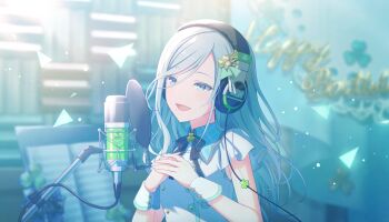 Rule 34 | 1girl, :d, black ribbon, blue hair, blurry, blurry background, colorful palette, game cg, grey eyes, hair between eyes, hair ornament, happy birthday, headphones, highres, hinomori shizuku, idol clothes, light particles, microphone, mole, mole under mouth, official art, open mouth, project sekai, ribbon, smile, solo, studio microphone, third-party source, tongue, triangle, white wrist cuffs, wrist cuffs