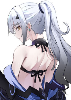 1girl absurdres bikini black_bikini brown_eyes earrings fate/grand_order fate_(series) forked_eyebrows from_behind grey_hair highres jewelry long_hair melusine_(fate) melusine_(swimsuit_ruler)_(fate) melusine_(swimsuit_ruler)_(first_ascension)_(fate) off_shoulder ponytail stud_earrings swimsuit white_background yugusan5