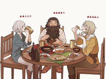 1girl 2boys ^_^ beard blonde_hair blush boots bottle bowl brown_hair chair closed_eyes cup drinking dungeon_meshi dwarf eating elf facial_hair falin_touden falin_touden_(tallman) food grey_hair highres holding holding_bowl holding_food holding_spoon long_beard mithrun multiple_boys multiple_scars mustache notched_ear pants pizza plate pointy_ears sandals scar senshi_(dungeon_meshi) shirt short_hair simple_background sitting smile somu_ki spoon table thick_mustache tongs white_background