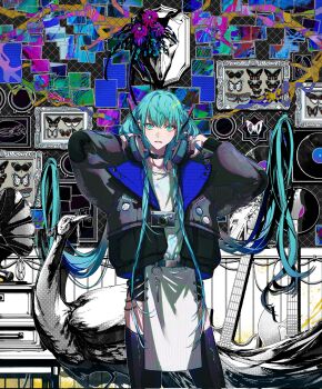 1girl aqua_eyes aqua_hair bandaid bandaid_on_hand bass_guitar bird black_choker black_jacket black_shoes bug butterfly camera camera_around_neck choker commentary flower hair_between_eyes hair_intakes hashtag-only_commentary hatsune_miku headphones highres holding holding_headphones insect instrument jacket kunyamon_busy long_hair looking_at_another open_clothes open_jacket peacock phonograph purple_flower shoes solo twintails very_long_hair vocaloid