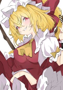 1girl absurdres alternate_breast_size_(larger) ascot blonde_hair blush censored censored_gesture commentary fingernails flandre_scarlet grin hair_between_eyes hat highres long_fingernails middle_finger midriff_peek mob_cap navel puffy_short_sleeves puffy_sleeves red_eyes short_hair short_sleeves simple_background smile solo touhou unanooo_(fthx7532) upper_body white_background yellow_ascot
