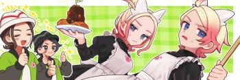 2boys 2girls alternate_costume apron asuma_(hanezu) black_dress blonde_hair blue_eyes blush_stickers closed_mouth commentary_request croissant double_thumbs_up dress enmaided eyelashes food green_background green_jacket hairband harmony_(pokemon) hat holding holding_plate jacket looking_at_another maid multiple_boys multiple_girls nintendo open_clothes open_jacket open_mouth paxton_(pokemon) plate pokemon pokemon_legends:_z-a puffy_sleeves shirt single_blush_sticker smile sparkle sweatdrop taunie_(pokemon) thumbs_up urbain_(pokemon) white_apron white_hairband white_hat white_shirt