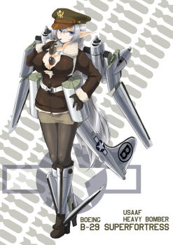 1girl aviator_sunglasses b-29 b-29_superfortress bad_id bad_pixiv_id blue_eyes bomb bomber_jacket boots breasts brown_boots brown_hat dakku_(ogitsune) english_text explosive female_focus hand_on_own_hip hat highres jacket knee_boots large_breasts leather leather_jacket mecha_musume military_hat open_clothes open_shirt original pantyhose personification pointy_ears shirt skirt solo sunglasses world_war_ii