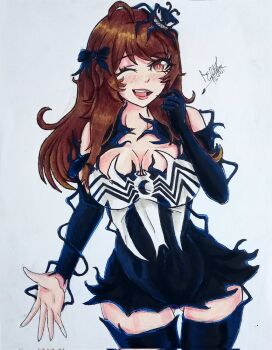 1girl alzafer blob bodysuit breasts brown_eyes brown_hair centi_(nimu) cleavage commentary_request cosplay crossover dress fusion highres indie_virtual_youtuber large_breasts long_hair looking_at_viewer marvel nimu_(vtuber) possessed possession smile solo spanish_commentary symbiote trait_connection venom_(marvel) venom_(marvel)_(cosplay) virtual_youtuber