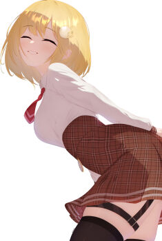 1girl absurdres arms_behind_back black_thighhighs blonde_hair bob_cut breasts brown_skirt closed_eyes collared_shirt commentary cowboy_shot from_side grin hair_ornament high-waist_skirt highres hololive hololive_english large_breasts leaning_forward medium_hair miniskirt necktie no_coat no_headwear plaid_clothes plaid_skirt pokyo red_necktie shirt short_necktie simple_background skindentation skirt smile solo thigh_strap thighhighs virtual_youtuber watson_amelia watson_amelia_(1st_costume) white_background white_shirt