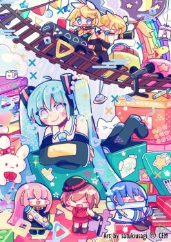 2boys 4girls :d ahoge aqua_hair artist_name black_dress black_hat black_leg_warmers black_sailor_collar black_shoes black_shorts black_sleeves blonde_hair blue_hair blue_necktie blue_scarf blush book book_stack bow brown_hair brown_shoes candle cat chibi closed_mouth coat collared_shirt commentary company_name constellation contest_winner copyright_notice crayon crescent detached_sleeves dice drawing_(object) dress english_commentary fire flag hat hatsune_miku holding holding_crayon holding_flag instrument jacket kagamine_len kagamine_rin kaito_(vocaloid) leg_warmers long_hair long_sleeves megurine_luka meiko_(vocaloid) microphone multiple_boys multiple_girls musical_note neckerchief necktie official_art open_mouth piano pink_hair purple_eyes rabbit railroad_tracks red_jacket sailor_collar satuki_usagi scarf second-party_source shirt shoes shorts sleeping smile solo_focus spring_onion square star_(symbol) stuffed_animal stuffed_toy tape tongue train triangle twintails very_long_hair vocaloid white_bow white_coat white_shirt yellow_neckerchief yellow_necktie