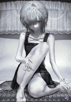 1girl absurdres barefoot black_camisole camisole commission duzhong_(naaan_2) grey_hair greyscale hair_over_one_eye highres indoors lace_trim light_smile looking_at_viewer monochrome on_bed original ribbon short_hair single_hair_intake sitting solo twitter_username wrist_ribbon