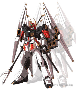 armor fusion gundam horns japanese_armor mecha musha_gundam no_humans nu_gundam nu_gundam_double_fin_funnel_type polearm robot samurai sd_gundam sd_sengokuden simple_background spear sword takamaru takamaru_(taka1220) weapon white_background