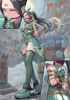 1boy 1girl arms_behind_back ball_gag bdsm blue_eyes bondage bound bound_ankles bound_arms bound_torso bound_wrists breasts crotch_rope female_focus fingerless_gloves gag gagged gloves highres medium_breasts multiple_views outdoors peril pointy_ears restrained root001 rope shibari shibari_over_clothes skindentation solo_focus thighhighs walking