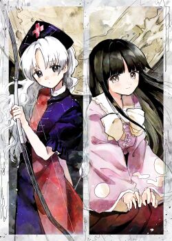 2girls :| absurdres black_hair blue_hat blush bow_(weapon) closed_mouth column_lineup commentary crater cross cross_print curtained_hair dress frilled_sleeves frills grey_hair hat highres holding holding_bow_(weapon) holding_weapon houraisan_kaguya kimura8556spsk light_smile long_hair long_sleeves looking_at_viewer moon multiple_girls nurse_cap pink_shirt puffy_short_sleeves puffy_sleeves red_skirt shirt short_sleeves skirt split-color_clothes straight_hair touhou two-tone_dress very_long_hair weapon yagokoro_eirin