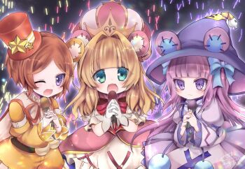 3girls animal_ears bear_ears bear_girl belt blonde_hair blue_ribbon bow bowtie brown_belt brown_hair cloak dress dumpty_alma emil_chronicle_online frilled_skirt frills gloves glowstick green_eyes hair_ribbon hat holding holding_microphone jacket long_hair microphone multiple_girls neck_ribbon one_eye_closed open_mouth orange_shirt orange_shorts pink_jacket princess_tiny_alma purple_dress purple_eyes purple_hair purple_ribbon red_bow red_hat ribbon satsuki_atan shirt shorts skirt tiara tiny_zero_alma top_hat white_cloak white_gloves white_skirt witch_hat