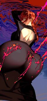 1girl abstract_background absurdres arm_up ass ass_focus back backless_dress backless_outfit bent_over black_dress braid braided_ponytail breasts cameltoe chainsaw_man colorful_background dress erupusai2 foreshortening from_behind from_below hand_in_own_hair highres long_dress long_hair looking_at_viewer looking_back makima_(chainsaw_man) median_furrow red_hair ringed_eyes see-through_clothes see-through_dress solo splatter yellow_eyes