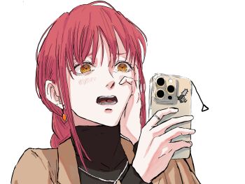 1girl absurdres black_sweater brown_jacket cellphone chainsaw_devil chainsaw_man character_sticker commentary_request earrings hand_on_own_cheek hand_on_own_face highres holding holding_phone jacket jewelry light_blush makima_(chainsaw_man) nabe92213 open_mouth phone red_hair ring ringed_eyes sidelocks simple_background smartphone solo sticker sweater teeth turtleneck turtleneck_sweater white_background yellow_eyes