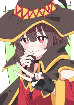Rule 34 | 1girl, black choker, black gloves, blunt bangs, blush, border, bright pupils, brown cape, brown hair, brown hat, cape, choker, closed mouth, commentary request, dress, fingerless gloves, gloves, green background, hair between eyes, hands up, hat, kono subarashii sekai ni shukufuku wo!, long sleeves, looking at viewer, megumin, mochika (mochika 392), outside border, red dress, red eyes, short hair with long locks, simple background, solo, split mouth, upper body, upturned eyes, v, v-shaped eyebrows, white border, white pupils, wide sleeves, witch hat