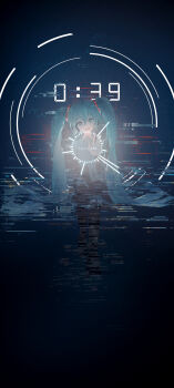 1girl absurdres analog_clock aqua_eyes aqua_necktie black_footwear black_skirt black_thighhighs blue_background blue_trim clock collared_shirt commentary_request crying english_text fake_phone_screenshot fake_screenshot glitch grey_shirt hair_between_eyes hair_ornament hatsune_miku hatsune_miku_no_shoushitsu_(vocaloid) headphones highres invisible_chair kamatoyu long_hair looking_at_viewer necktie open_mouth outstretched_arm pleated_skirt shirt sitting skirt solo straight-on thighhighs twintails very_long_hair vocaloid