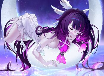 1girl alternate_breast_size_(larger) artist_name breasts columbina_(genshin_impact) commentary crescent_moon dress eye_mask fromabisu genshin_impact hair_wings highres large_breasts long_hair lying mask moon on_moon on_stomach purple_hair sky smile solo star_(sky) starry_sky very_long_hair water white_dress white_wings wings