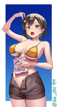 1girl bare_shoulders bikini bikini_top_only black_hair border breasts brown_pants candy collarbone commentary doodle_inset dropping eating food front-tie_bikini_top front-tie_top gradient_background highres ibk_chii kantai_collection large_breasts looking_at_viewer miyuki_(kancolle) open_fly open_mouth orange_bikini outstretched_arm pants solo swimsuit twitter_username untranslatable_commentary white_border yellow_eyes
