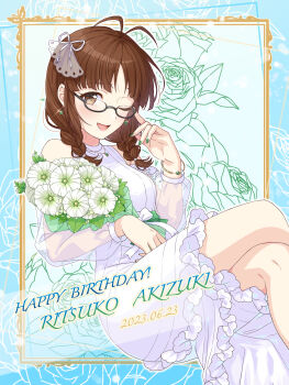 1girl 2023 ;d absurdres adjusting_eyewear akizuki_ritsuko antenna_hair bracelet braid brown_eyes brown_hair character_name crossed_legs dated dress earrings framed gem glasses green_gemstone green_nails hair_ribbon happy_birthday highres hollyhock idolmaster idolmaster_(classic) invisible_chair jewelry long_hair long_sleeves nail_polish one_eye_closed open_mouth outline ribbon see-through_clothes see-through_sleeves shiro_(ongrokm) short_dress sitting smile solo sparkle twin_braids white_dress white_ribbon