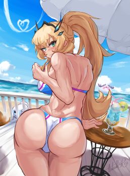 2girls absurdres ass back bare_shoulders barghest_(fate) barghest_(swimsuit_archer)_(final_ascension)_(fate) bent_over biceps bikini blonde_hair blue_sky breasts cernunnos_(fate) cleavage commentary_request cup drinking_glass fate/grand_order fate_(series) green_eyes high_ponytail highres horns large_breasts long_hair looking_at_viewer looking_back melusine_(fate) multicolored_bikini multiple_girls muscular muscular_female ocean ponytail sky solo_focus swimsuit table thick_thighs thighs tutuuraura88 white_bikini white_hair
