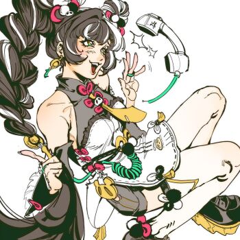 1girl anger_vein animal_print bare_shoulders bear_print black_hair black_shoes braid braided_twintails china_dress chinese_clothes collarbone commentary corded_phone dialyn_(zenless_zone_zero) dress earrings english_commentary green_eyes hair_extensions hair_intakes hair_ornament highres jewelry long_hair motion_lines multicolored_hair necktie open_mouth panda_hair_ornament panda_print phone ring_hair_extensions shoes shout_lines shrimpudang simple_background solo split-color_hair thighhighs waving white_background white_dress white_hair white_thighhighs wire yellow_necktie zenless_zone_zero